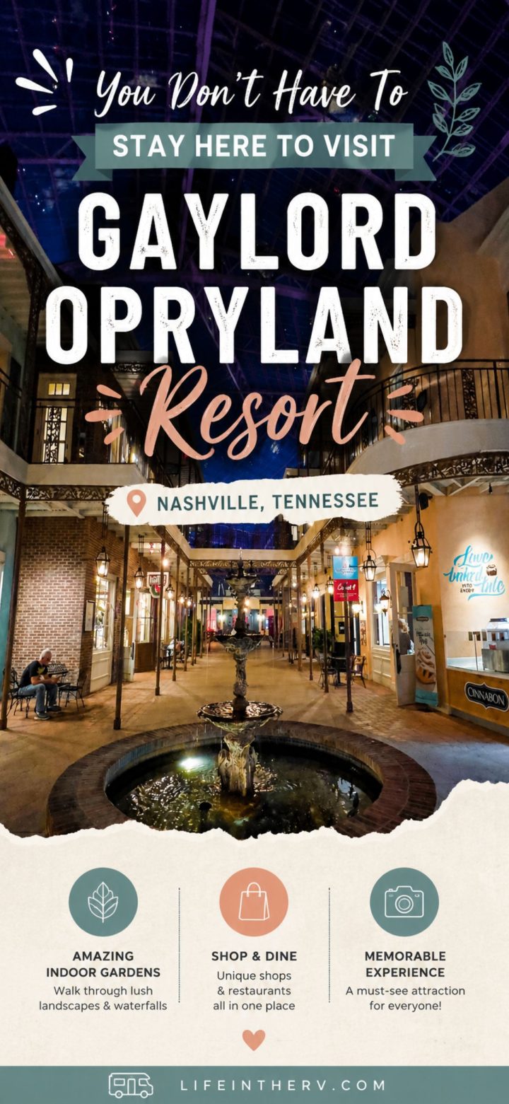 Poster for Gaylord Opryland in Nashville, Tennessee, highlighting indoor gardens, shops, dining, and unforgettable experiences for visitors.