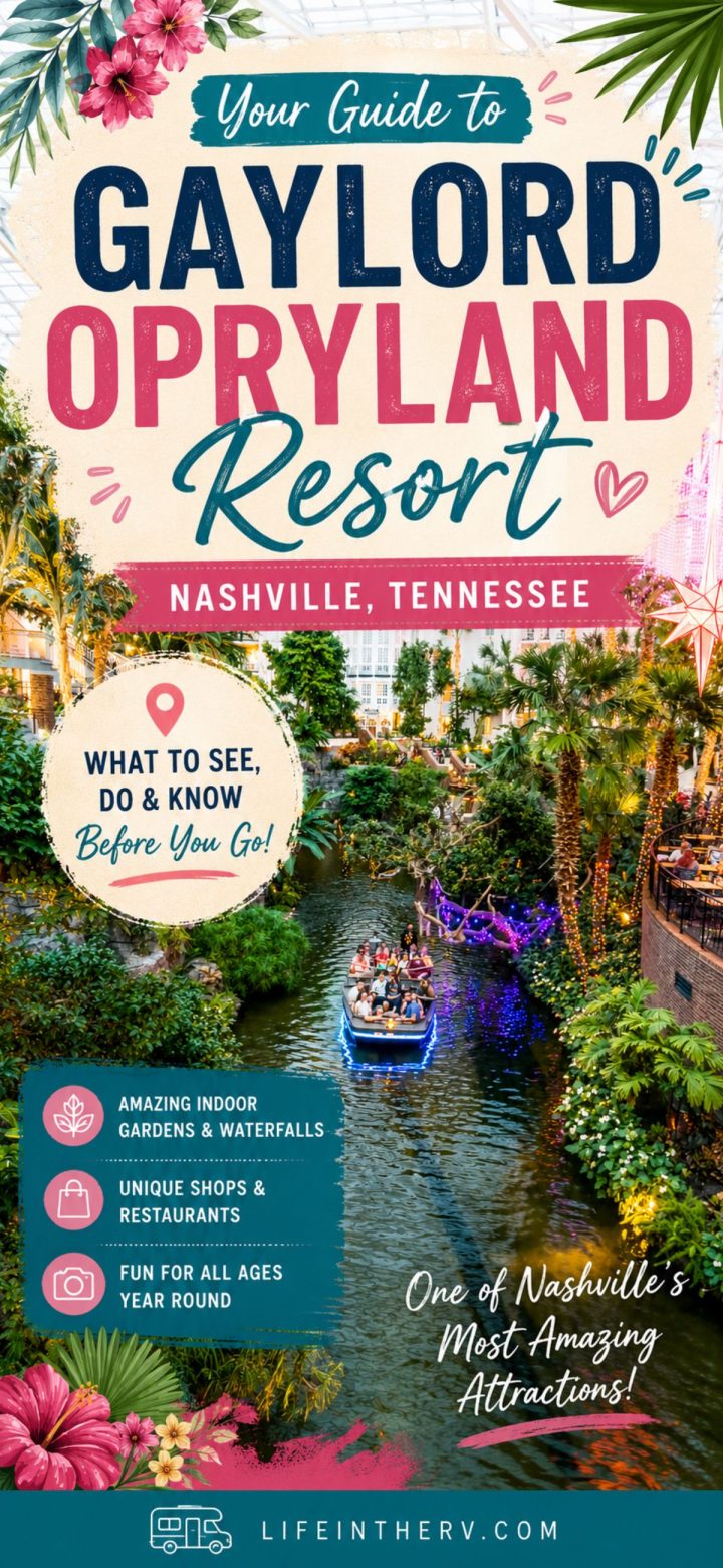 Colorful poster for Gaylord Opryland in Nashville, Tennessee, showcasing lush indoor gardens, a scenic boat ride, and essential travel tips on what to see and do before your visit.