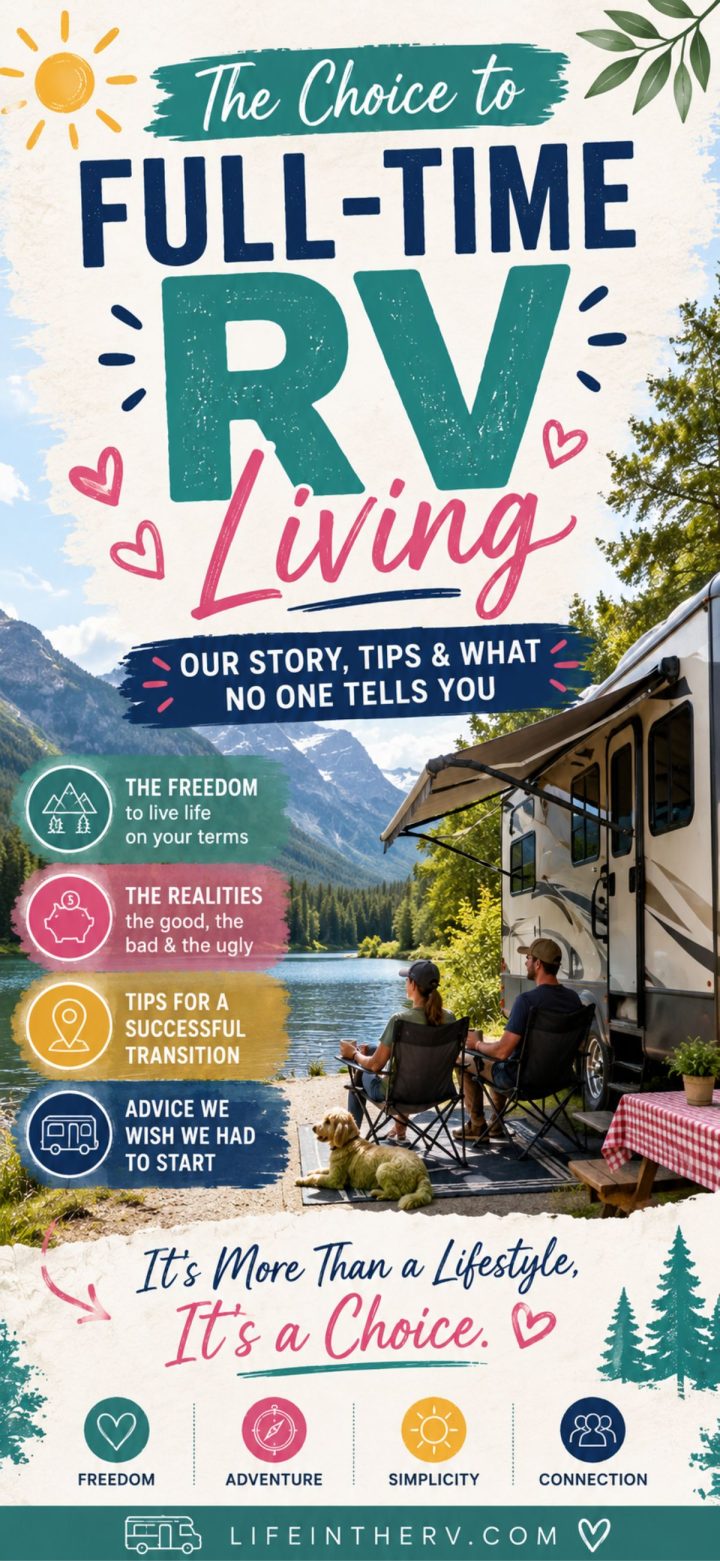 A couple sits in chairs by a lake next to an RV, surrounded by mountains and trees, with text sharing Full Time RV living tips, advice, and lifestyle benefits for those embracing life on the road.