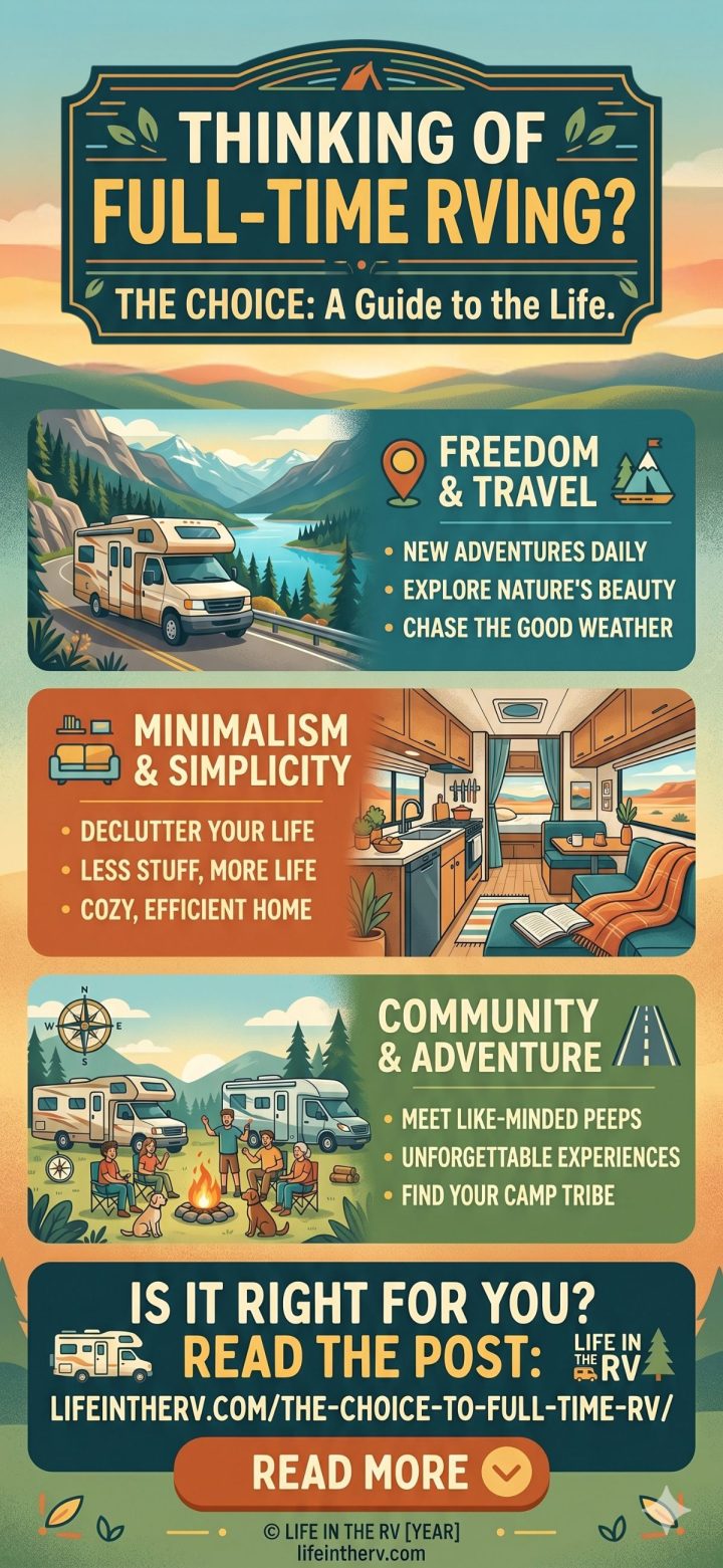 Infographic titled "Thinking of Full-Time RVing?" lists benefits like freedom, travel, minimalism, simplicity, community, and adventure of the Full Time RV lifestyle, with graphics of RVs, nature scenes, and icons for each point.