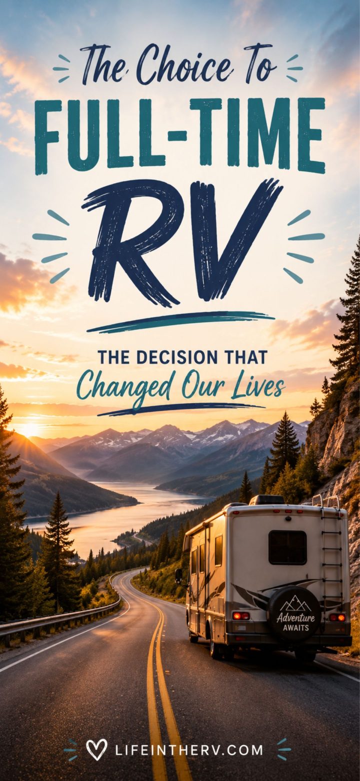 An RV drives on a winding road through mountains at sunset; text reads "The Choice to Full Time RV: The Decision That Changed Our Lives.