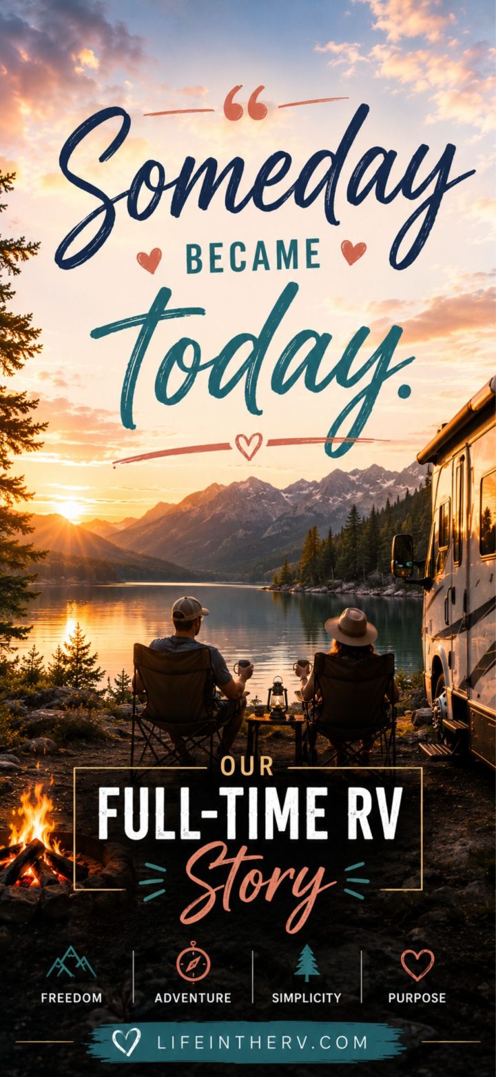 Two people sit by a campfire beside an RV overlooking a lake and mountains at sunset, with text promoting the freedom of the Full Time RV lifestyle.