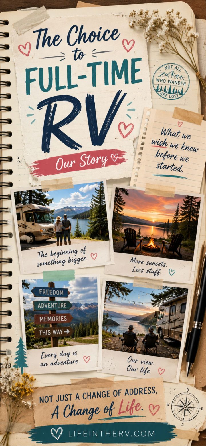 A scrapbook-style page with RV and nature photos, text about choosing Full Time RV living, and a website link for lifeintherv.com.