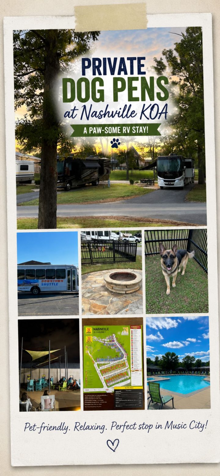 Collage of the Nashville KOA RV park featuring private dog pens, RVs, a shuttle bus, fire pit, German Shepherd, lounge area, park map, and outdoor pool. Enjoy a pet-friendly and relaxing atmosphere at Nashville KOA.