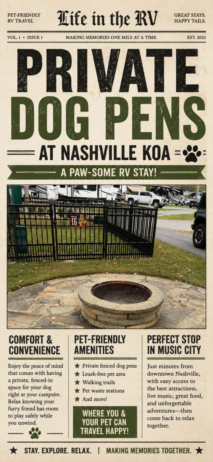 A newspaper-style flyer advertises private dog pens at Nashville KOA, featuring comfort, pet-friendly amenities, and easy access to Nashville’s music attractions—perfect for travelers seeking the best at nashville koa.