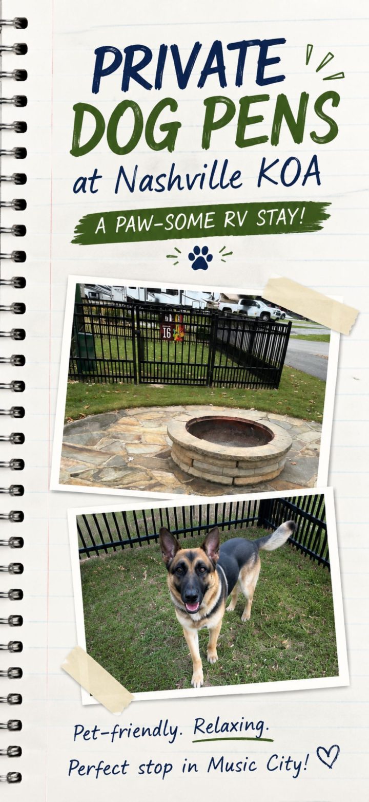 Promotional page featuring a fenced fire pit area and a German Shepherd in a private dog pen at Nashville KOA, showcasing pet-friendly RV accommodations for guests traveling with pets.