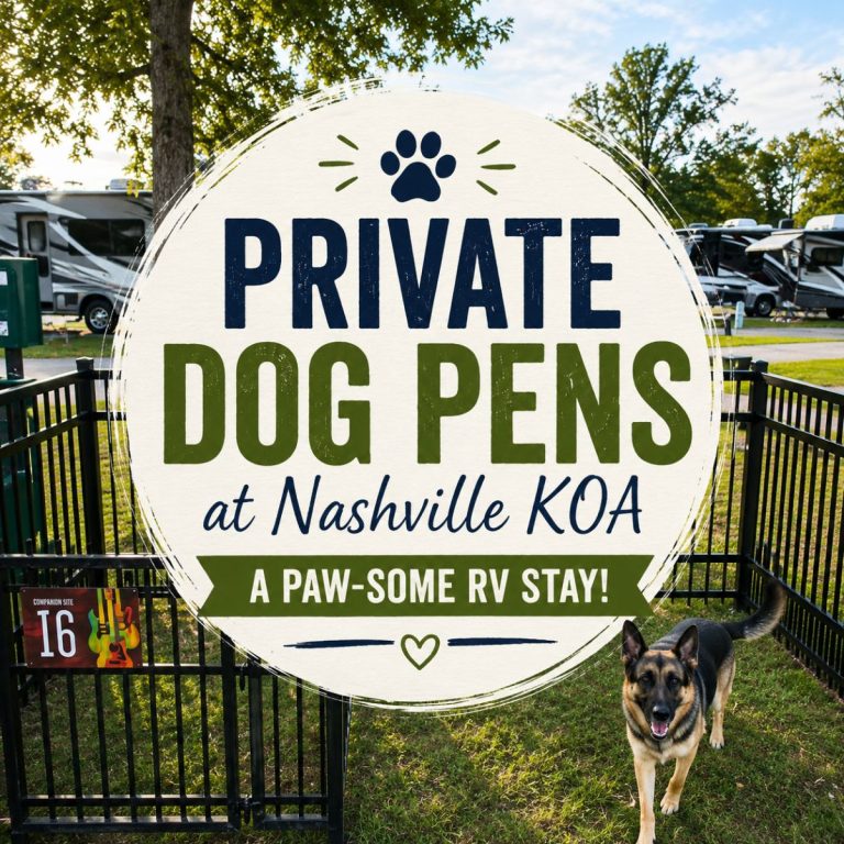 A fenced dog pen at Nashville KOA RV park features a sign reading "Private Dog Pens at Nashville KOA, A Paw-some RV stay!" with a German Shepherd standing inside the pen.