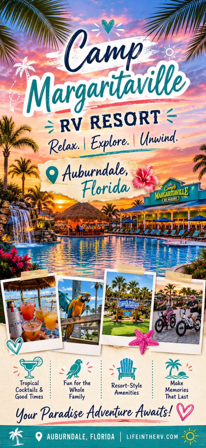 MARGARITAVILLE RV RESORT in Auburndale, Florida, featuring a pool, tropical decor, bikes, cocktails, and resort amenities with palm trees and a sunset backdrop.