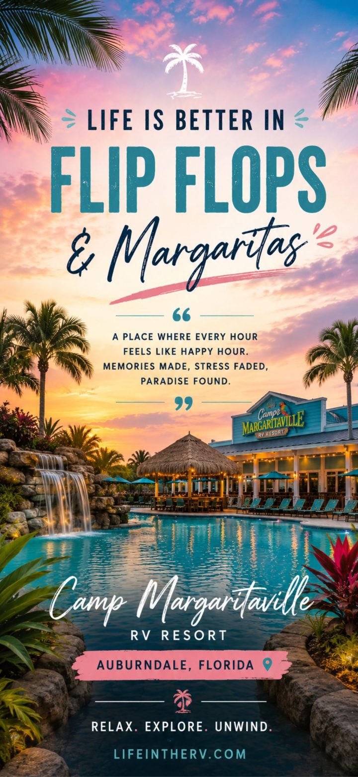 Colorful resort scene at sunset with palm trees, a pool, and a MARGARITAVILLE RV RESORT sign; text invites you to unwind and enjoy tropical relaxation in Auburndale, Florida.