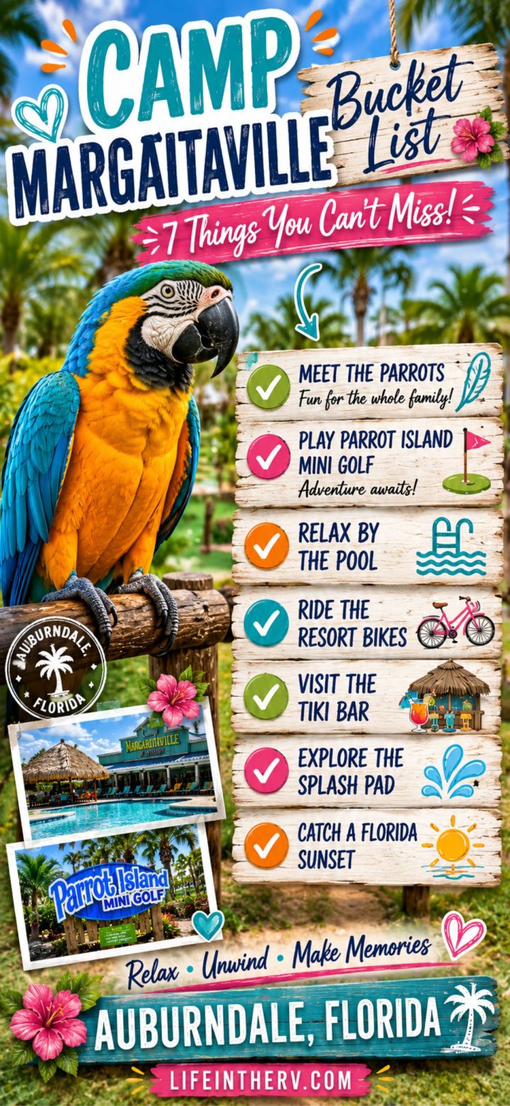 Colorful poster for Camp Margaritaville in Auburndale, Florida, at the MARGARITAVILLE RV RESORT, featuring a parrot and a checklist of seven activities, including meeting parrots, mini golf, and relaxing by the pool.