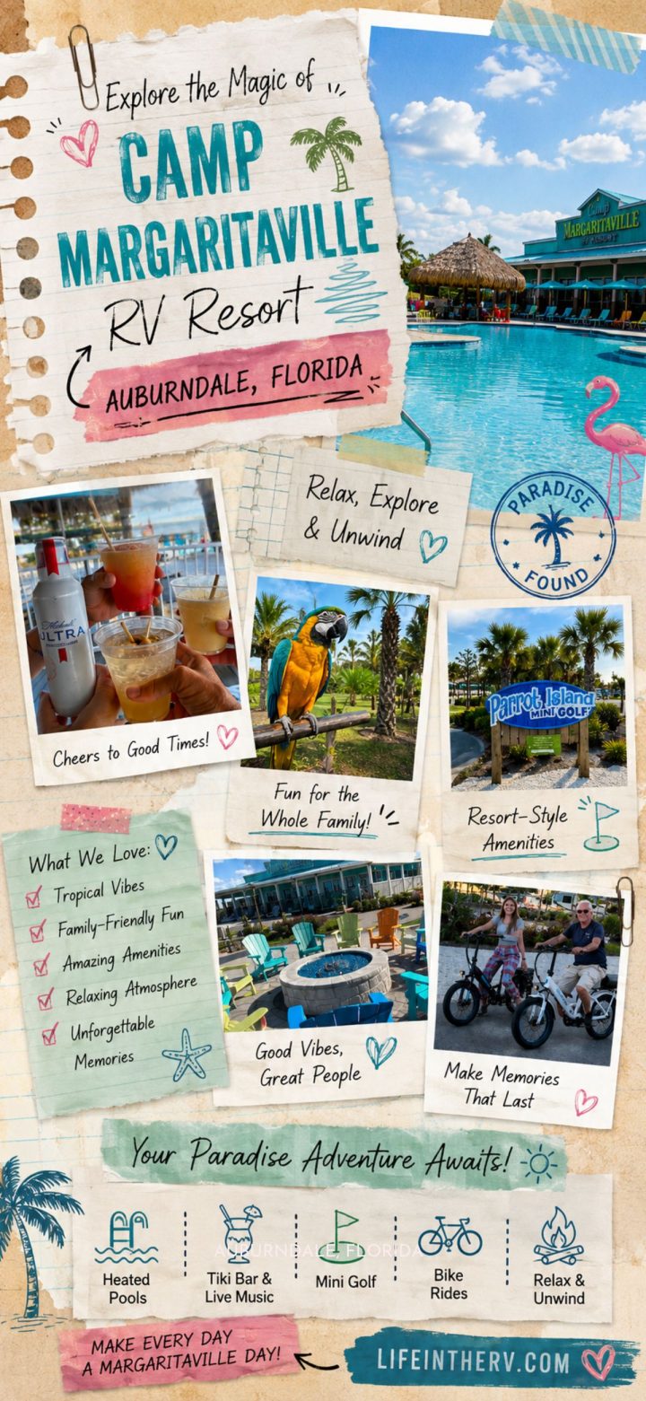 Promotional poster for MARGARITAVILLE RV RESORT in Auburndale, Florida, highlighting amenities, family activities, poolside drinks, bike rides, and a tropical, relaxed atmosphere.