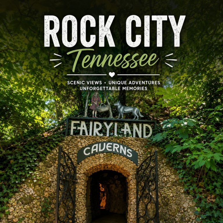 Entrance to a cavern at Rock City, Tennessee, with a "Fairyland" sign above the doorway, framed by lush greenery and stunning rock formations unique to Rock City.