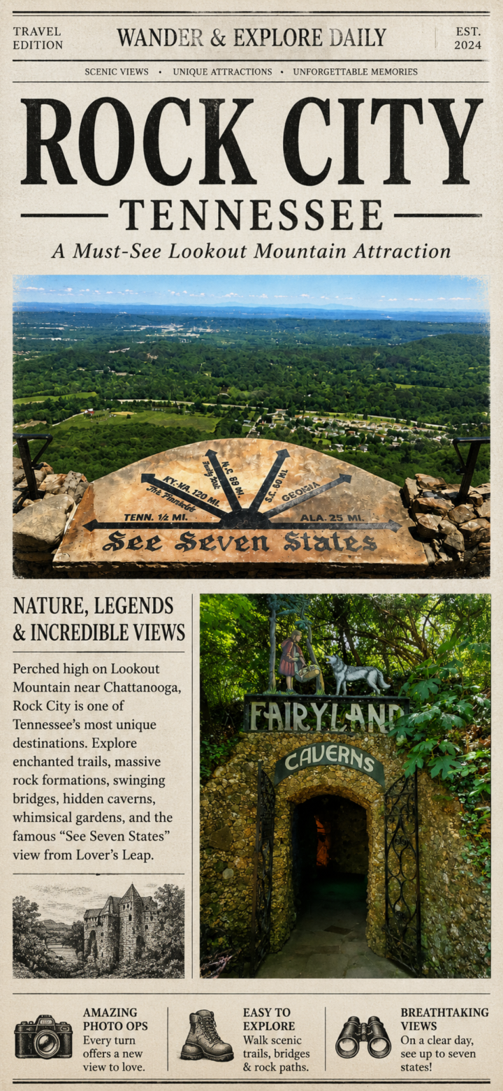 Vintage-style Rock City travel poster featuring scenic views, the "See Seven States" marker, Fairytale Caverns entrance, and icons highlighting hiking and panoramic vistas. Discover the magic of Tennessee’s iconic Rock City attraction.