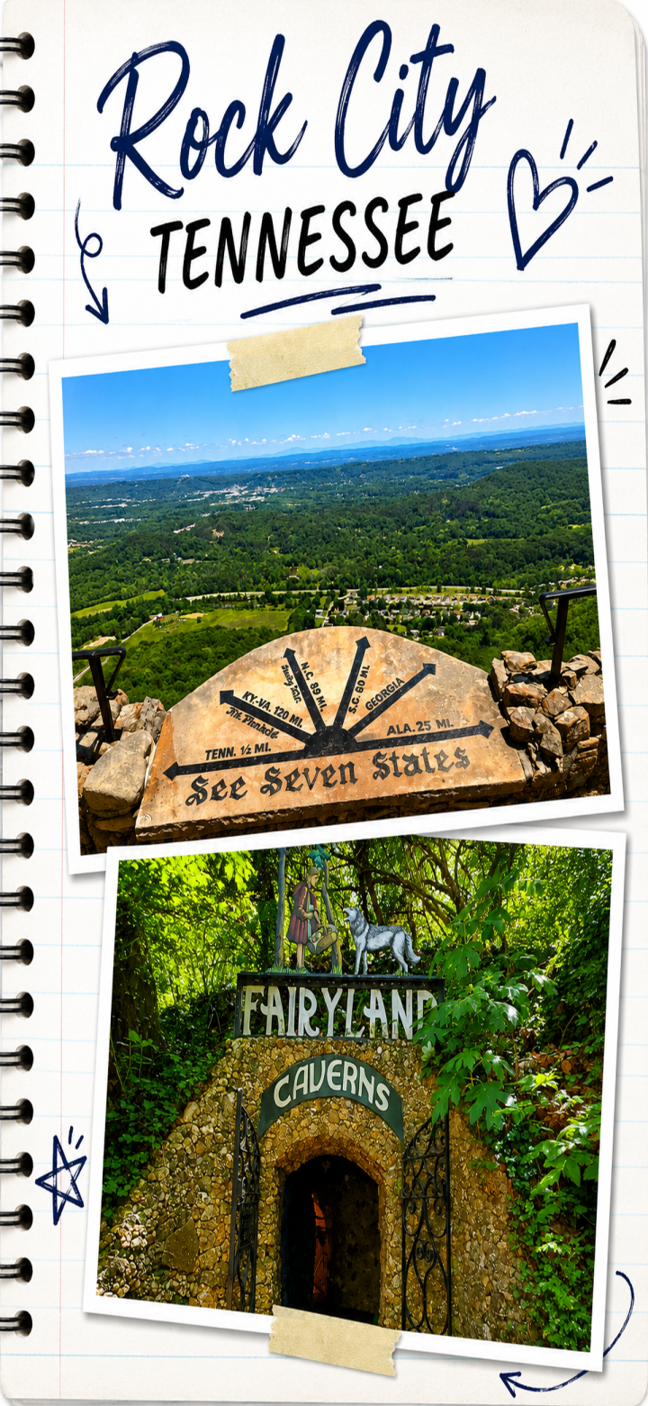 Collage featuring Rock City’s panoramic view in Tennessee, with a marker pointing to seven states and the entrance to Fairyland Caverns nestled amid lush greenery.