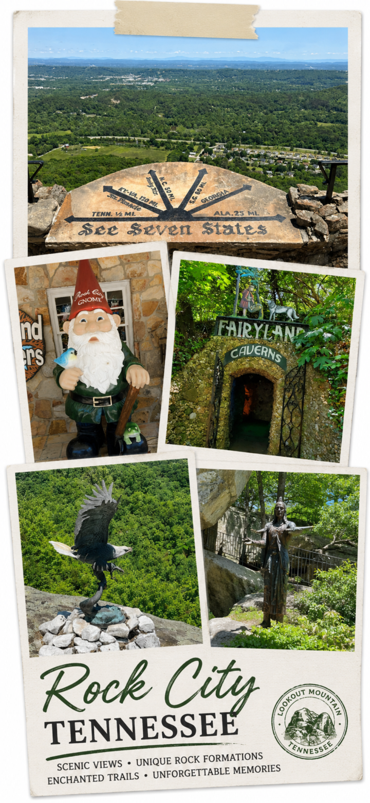 A vibrant collage of Rock City, Tennessee, featuring scenic views, the iconic “See Seven States” marker, a gnome statue, Fairyland Caverns entrance, an eagle statue, and a woman statue—capturing the charm of Rock City.