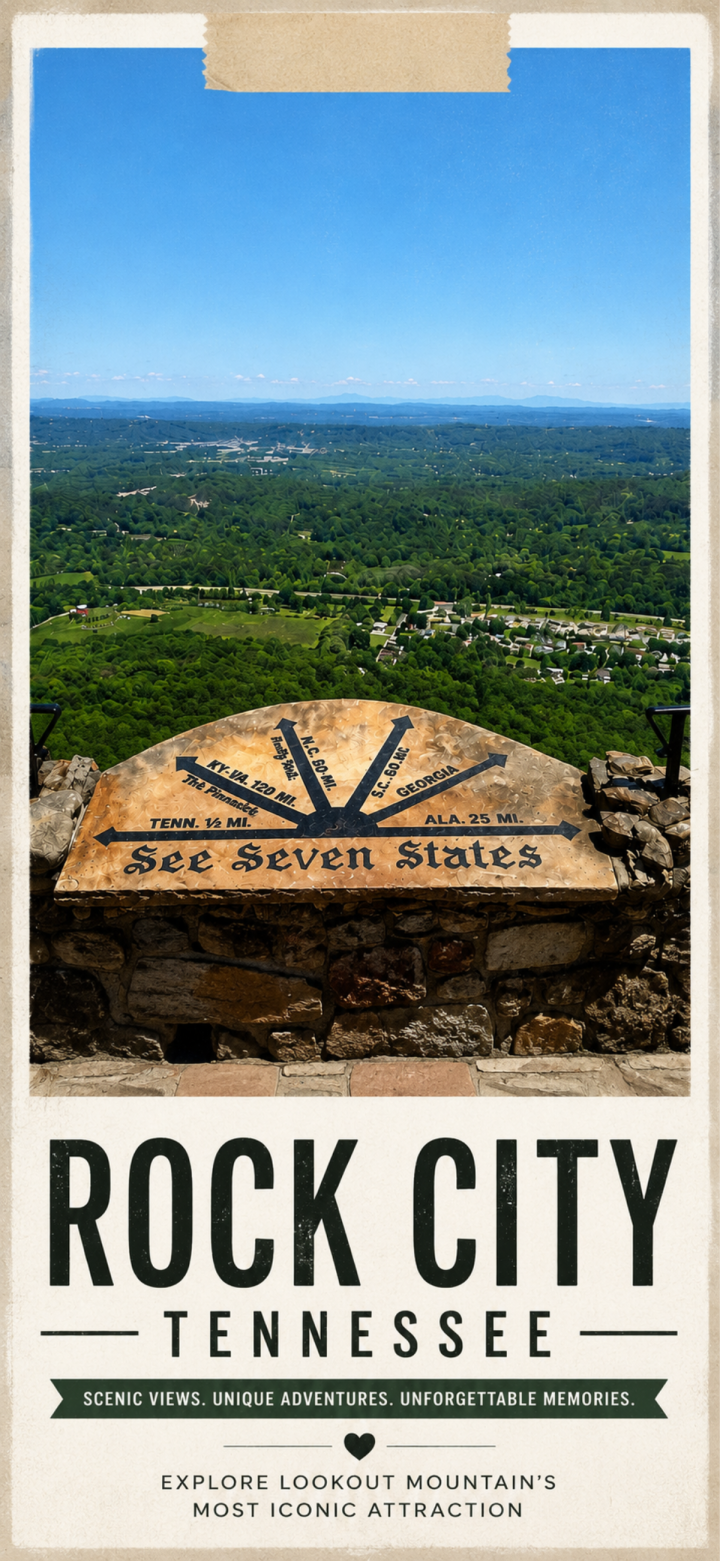 Rock City’s tourist marker in Tennessee shows distances to seven states, offering a scenic view of valleys and distant hills under a clear sky.
