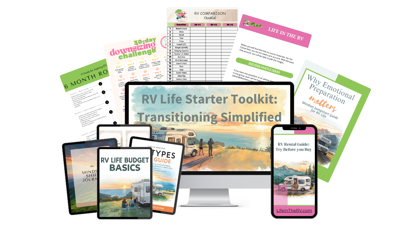 A collection of RV living guides and resources, including checklists, booklets, and digital devices—plus bonus tips like easy seafood pinwheel recipes—all packed into the "RV Life Starter Toolkit: Transitioning Simplified.
