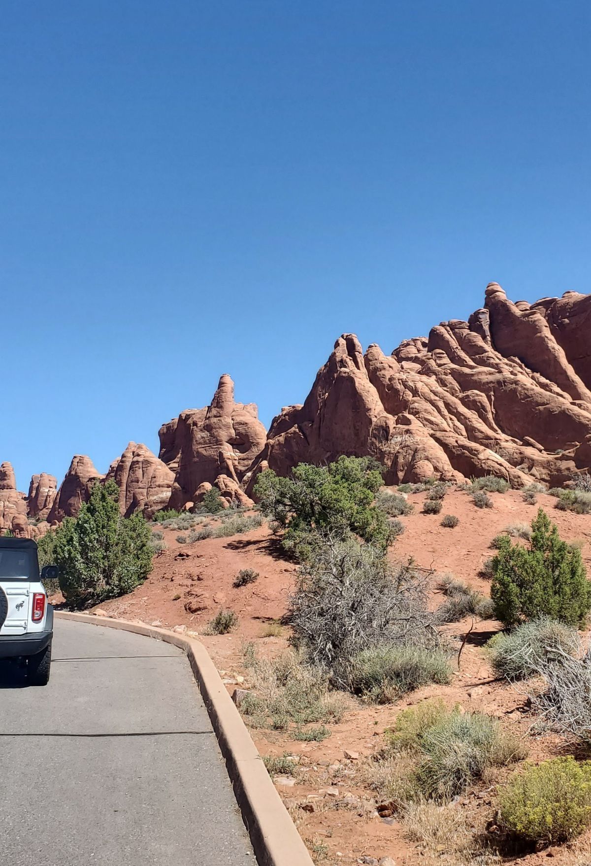 A car driving down a road in arches national park.