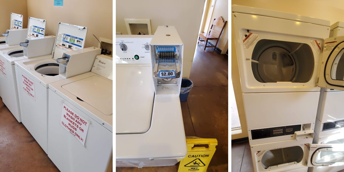 Four pictures of a laundry room with several washers and dryers.