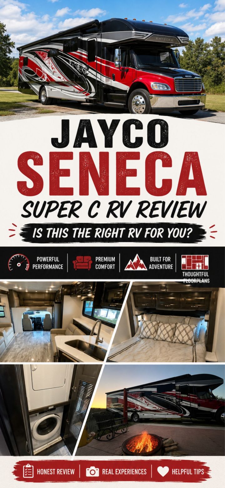 Collage featuring the Jayco Seneca Super C RV’s exterior and interior, with review highlights and icons for performance, comfort, adventure, and expert tips.