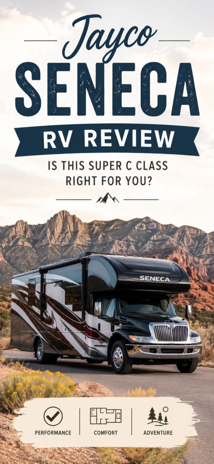 Jayco Seneca RV parked on a road with mountains in the background; text reads “Jayco Seneca Review: Is this Super C Class right for you?” with icons for performance, comfort, and adventure.