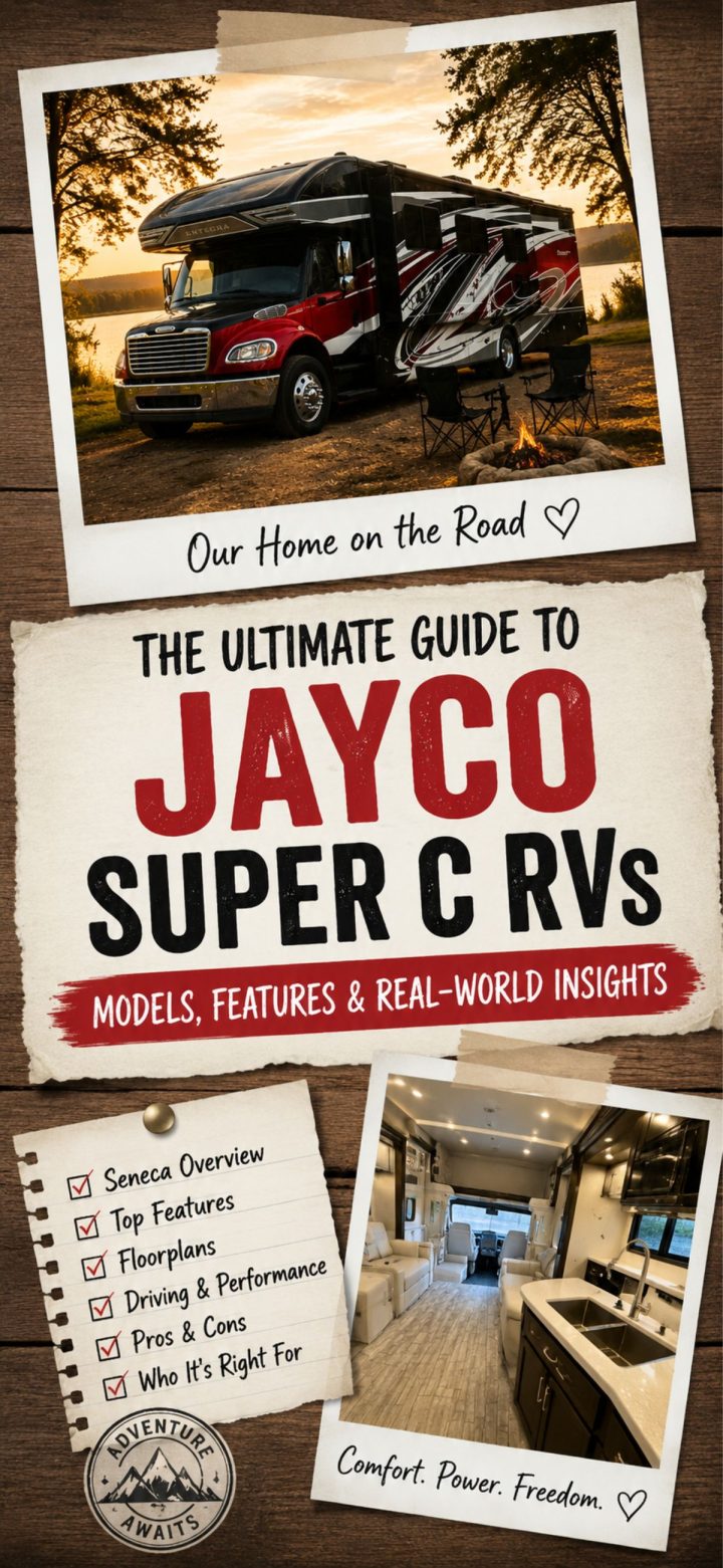 A Jayco Seneca Super C RV is parked by a lake at sunset; interior and checklist graphics detail features, pros, cons, and guidance for potential buyers.