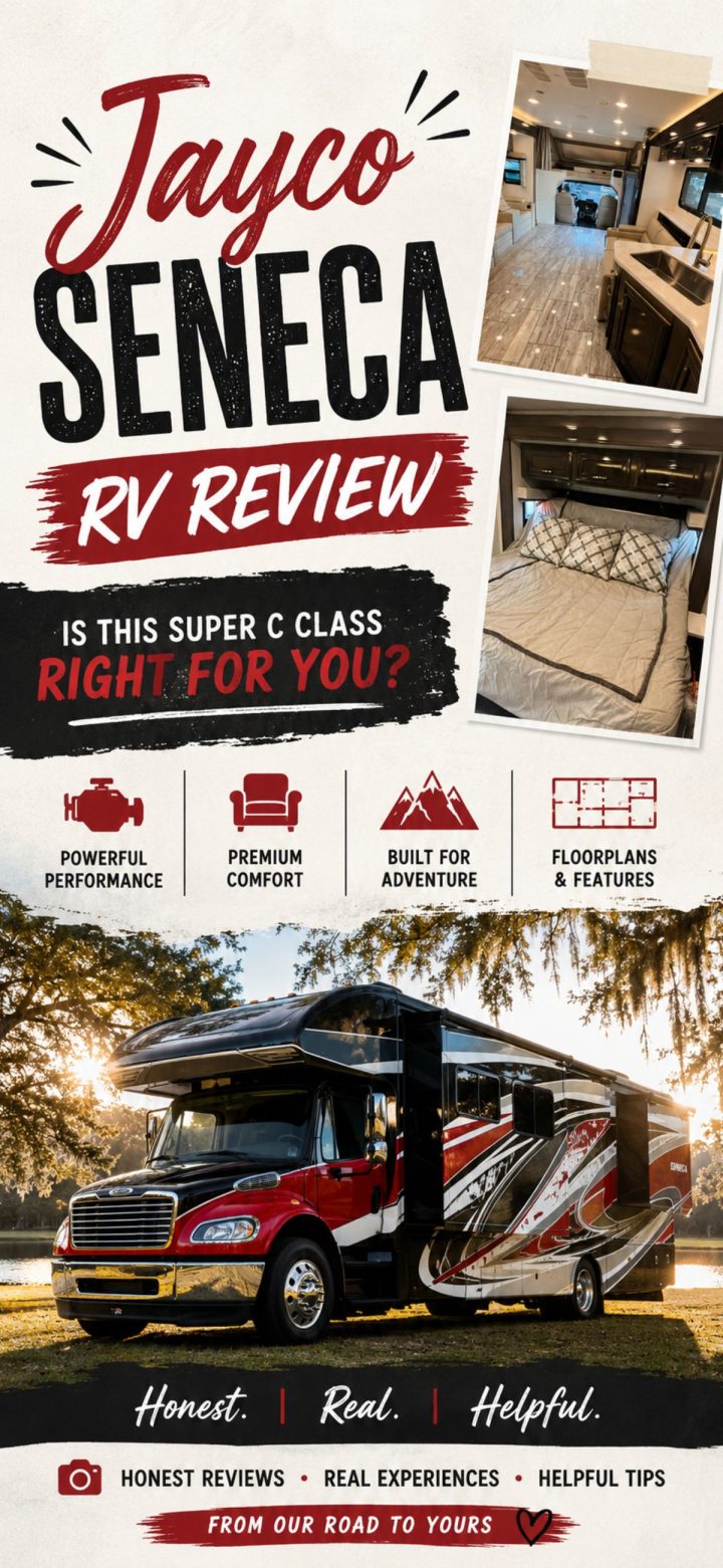 Jayco Seneca review poster featuring exterior and interior images, highlighting performance, comfort, adventure features, and floorplans for an in-depth look at this impressive RV.