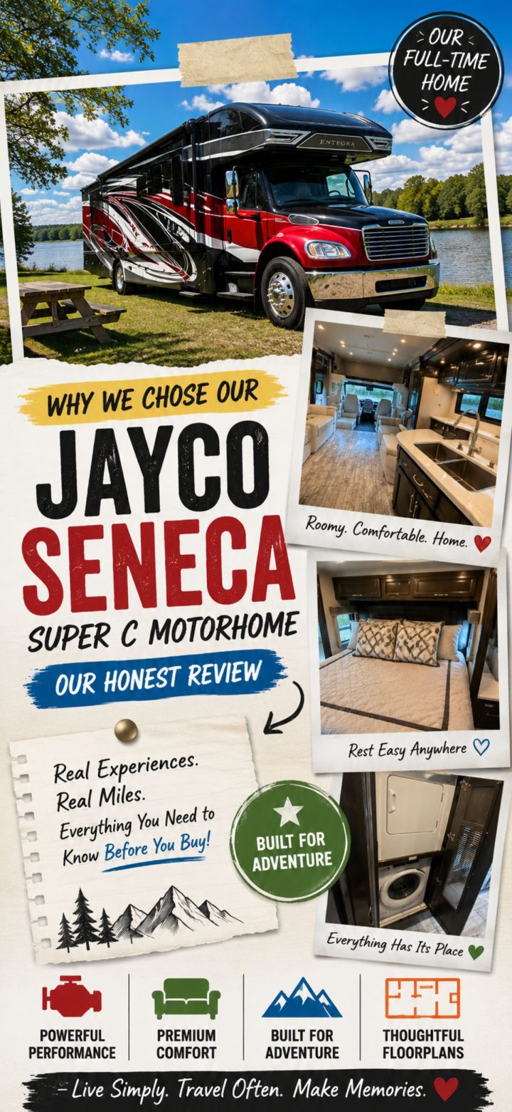 Promotional image for the Jayco Seneca Super C Motorhome, highlighting its spacious Jayco Seneca interior, smart organization, adventure capability, and features like premium comfort and powerful performance.
