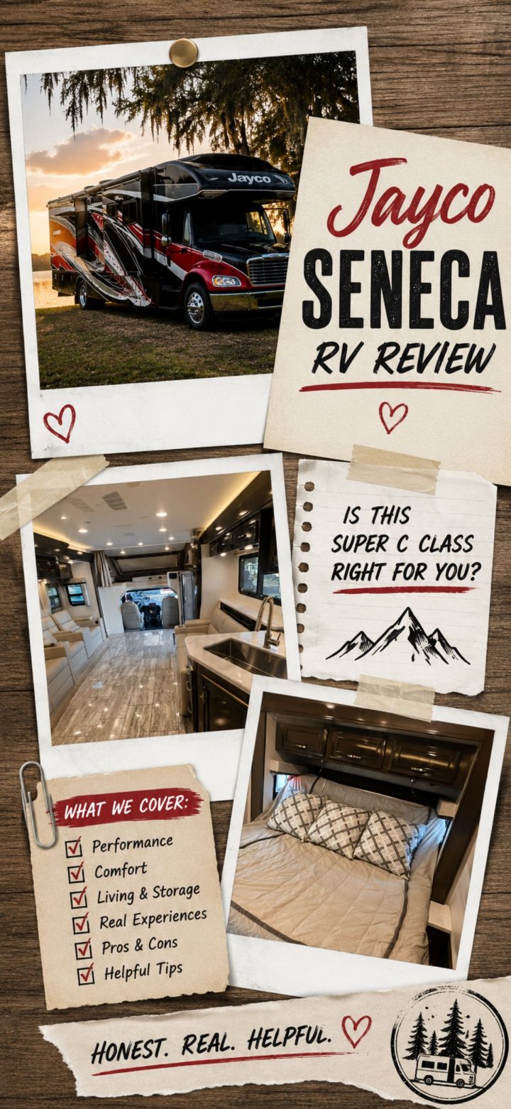 Collage featuring a Jayco Seneca RV exterior, interior living area, kitchen, and bedroom, with text highlights for a detailed jayco seneca review and checklist of topics covered.