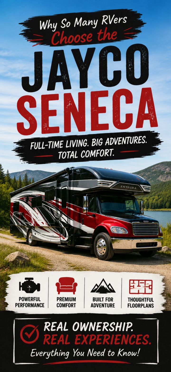 A Jayco Seneca RV is parked near a lake with mountains in the background. Text highlights the Jayco Seneca’s impressive performance, comfort, durability, and versatile floorplans.