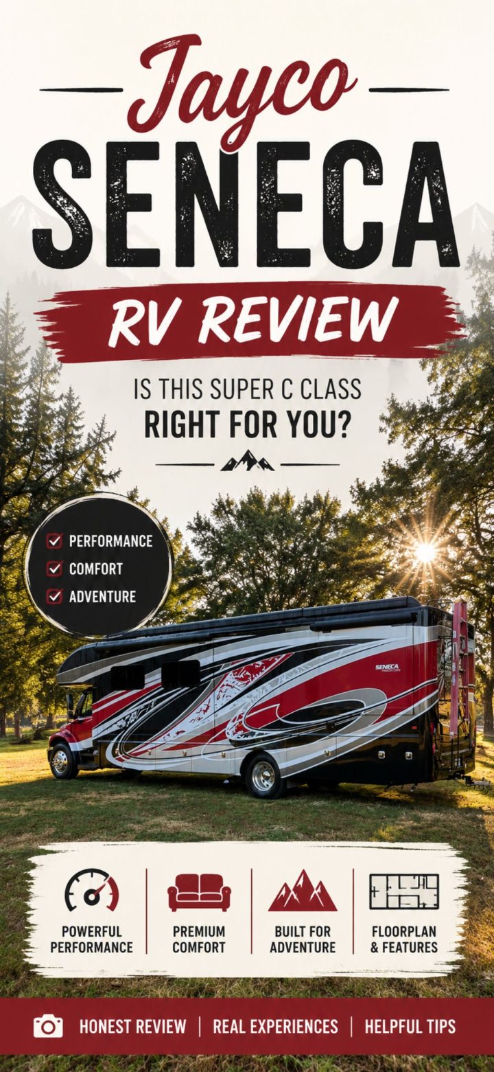 Jayco Seneca RV parked on grass with trees and mountains in the background, featuring text about a Jayco Seneca review and icons highlighting performance, comfort, adventure, and top features.