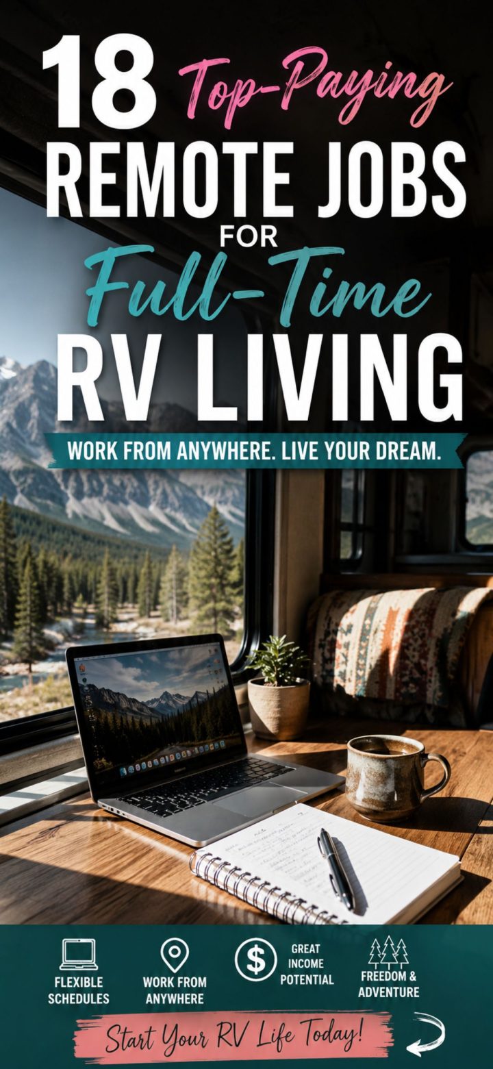 A laptop, notebook, and coffee cup sit on a table inside an RV with a scenic mountain view through the window; text promotes top paying remote jobs perfect for full-time RV living.