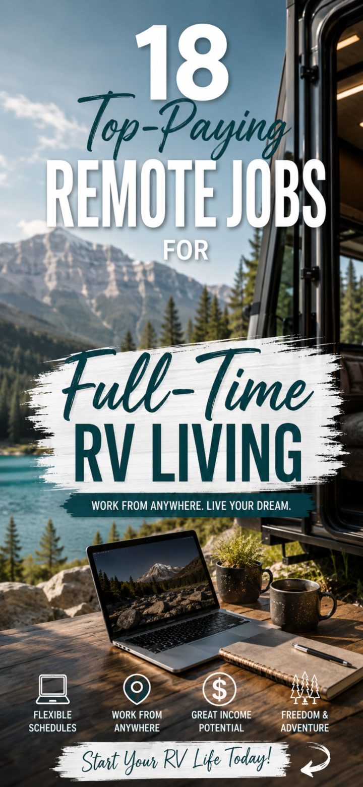 An RV parked by a lake with mountains in the background, a laptop and coffee cup on the table, and text about top paying remote jobs perfect for full-time RV living.