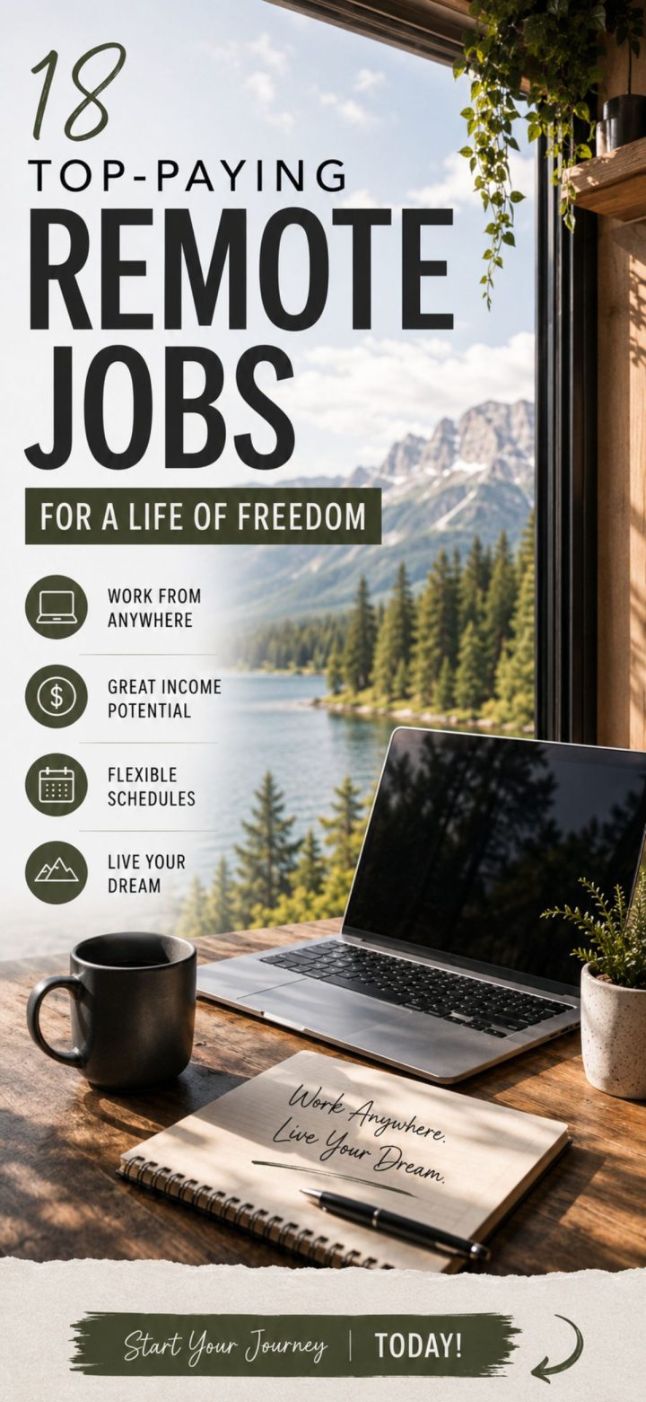 Open laptop and coffee mug on a wooden desk by a window overlooking a lake and mountains, with text highlighting top paying remote jobs and the benefits of flexible work.