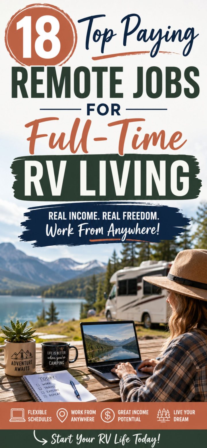 A person using a laptop at a table by an RV near a lake and mountains, with text promoting top paying remote jobs perfect for those embracing full-time RV living.
