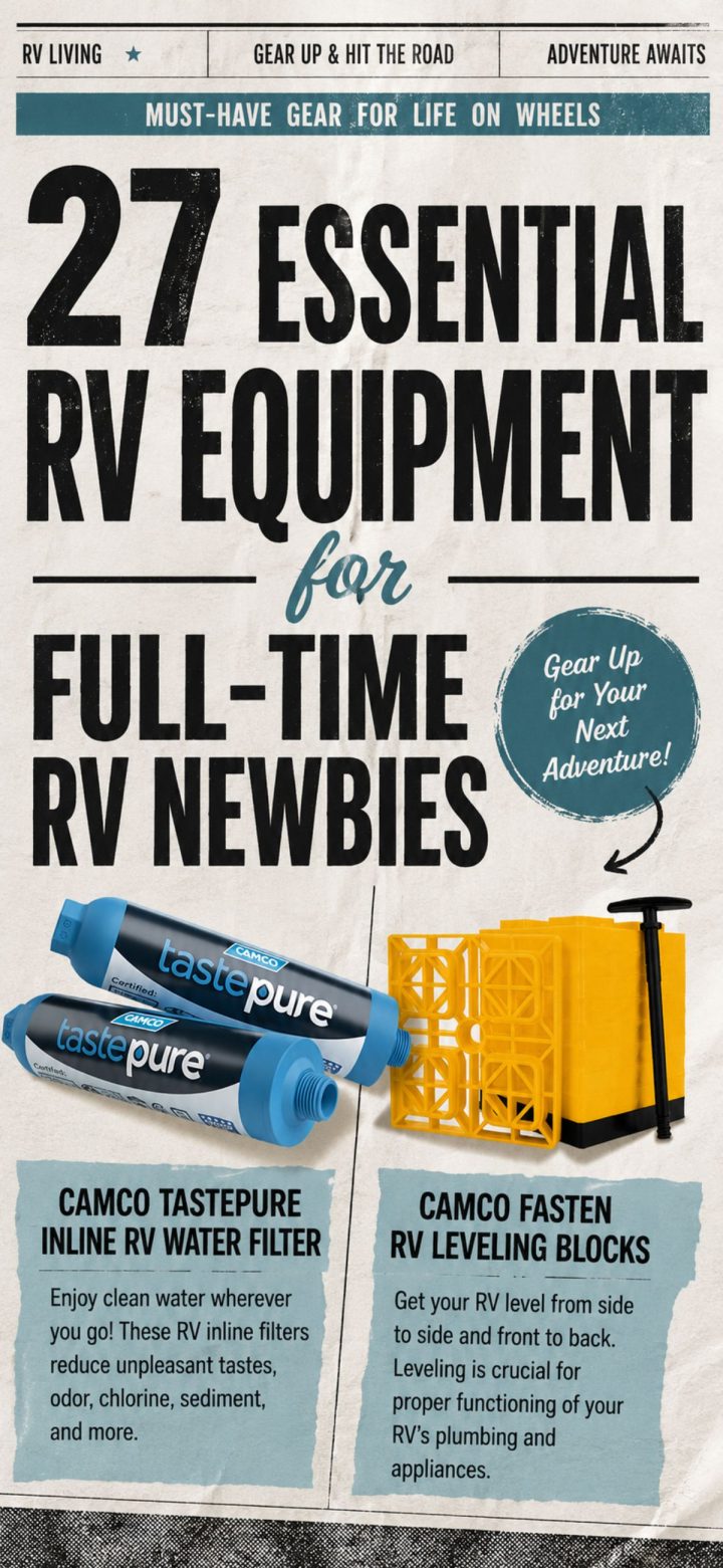 Infographic listing essential RV equipment for full-time RV beginners, featuring a Camco water filter and yellow leveling blocks with brief descriptions of their functions. This guide ensures you don't miss out on any essential RV equipment as you start your journey.