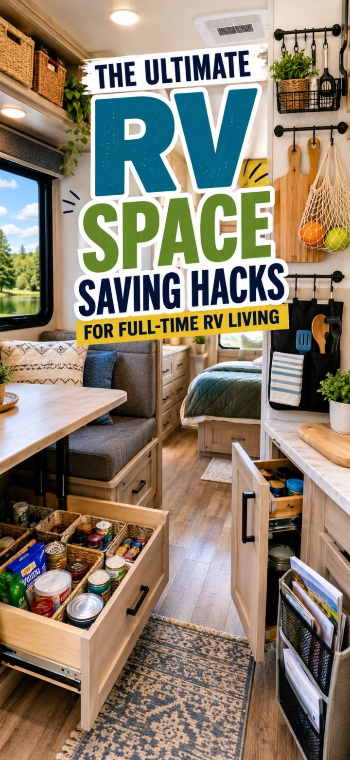 Modern RV kitchen and dining area with organized open drawers and shelves, showcasing efficient storage solutions and clever RV space-saving hacks. Text overlay reads: "The Ultimate RV Space Saving Hacks for Full-Time RV Living.