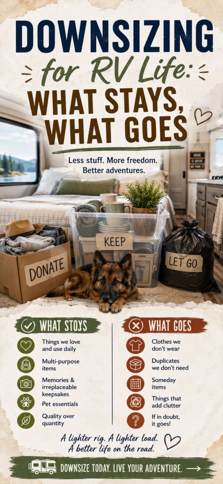 RV interior with boxes labeled "Donate," "Keep," and "Let Go," plus lists of items to keep or remove for downsizing for RV life, and a dog lying on the floor.
