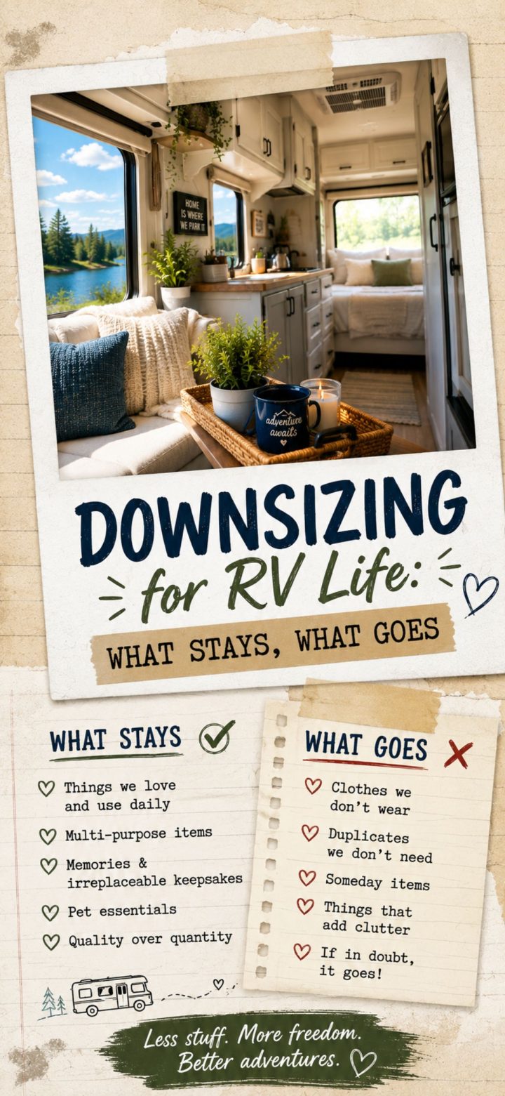 Interior of an RV with a view of trees and a lake, featuring a helpful list of what to keep and what to remove when downsizing for RV life.