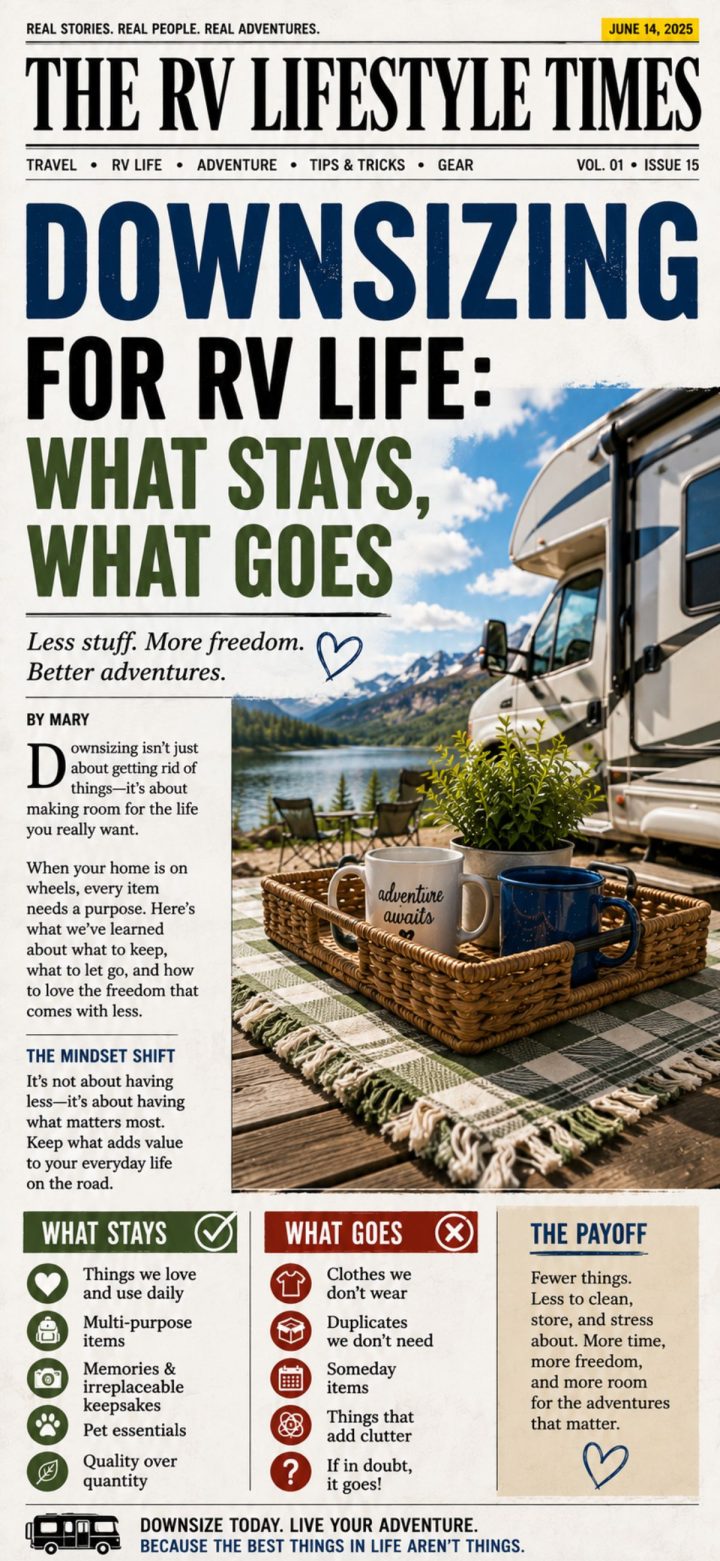 Front page of "The RV Lifestyle Times" magazine, featuring an RV parked near a deck chair, with a headline about downsizing for RV life and lists of what to keep and what to let go for comfortable RV living.