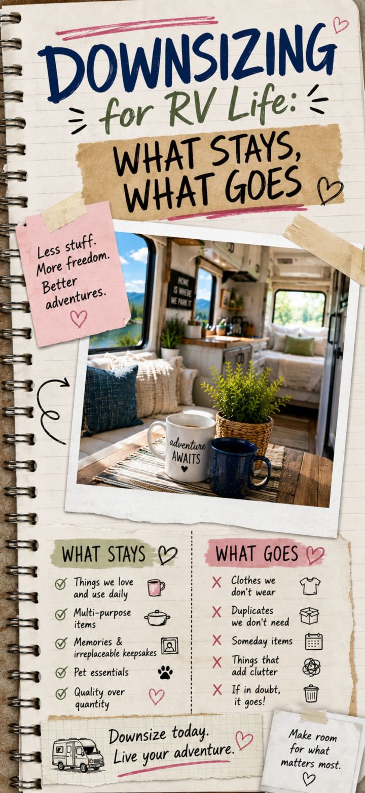 Open RV interior with a dining table, mug, and potted plant; a checklist for downsizing for RV life contrasts items to keep, such as essentials and keepsakes, with items to discard, like duplicates and unused clothes.