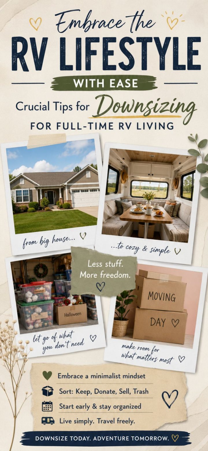 Infographic on downsizing for full-time RV living; includes essential tips like embracing minimalism, sorting items, staying organized, and focusing on simple living—with photos illustrating Downsizing for Full-Time RV Living through tidy RV interiors and neatly packed boxes.