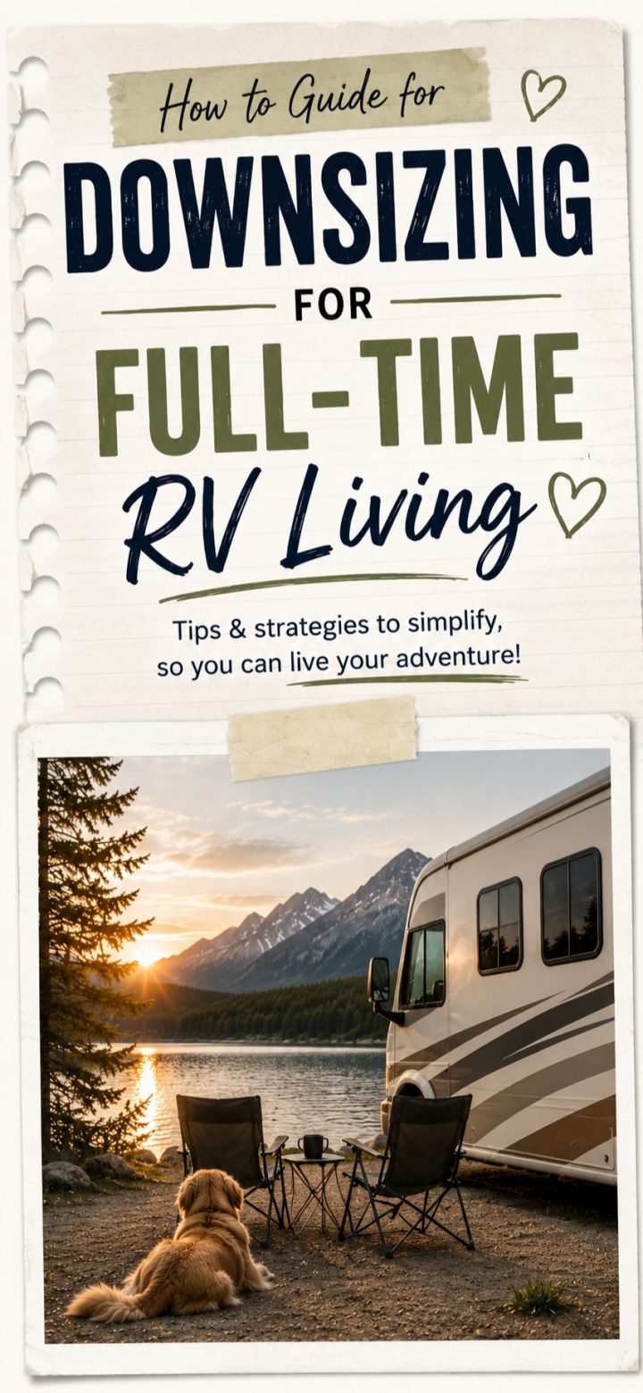 A dog lies beside two empty chairs facing a lake and mountains, next to a parked RV; "Downsizing for Full-Time RV Living" appears above the photo, capturing the essence of embracing a simpler lifestyle on the road.