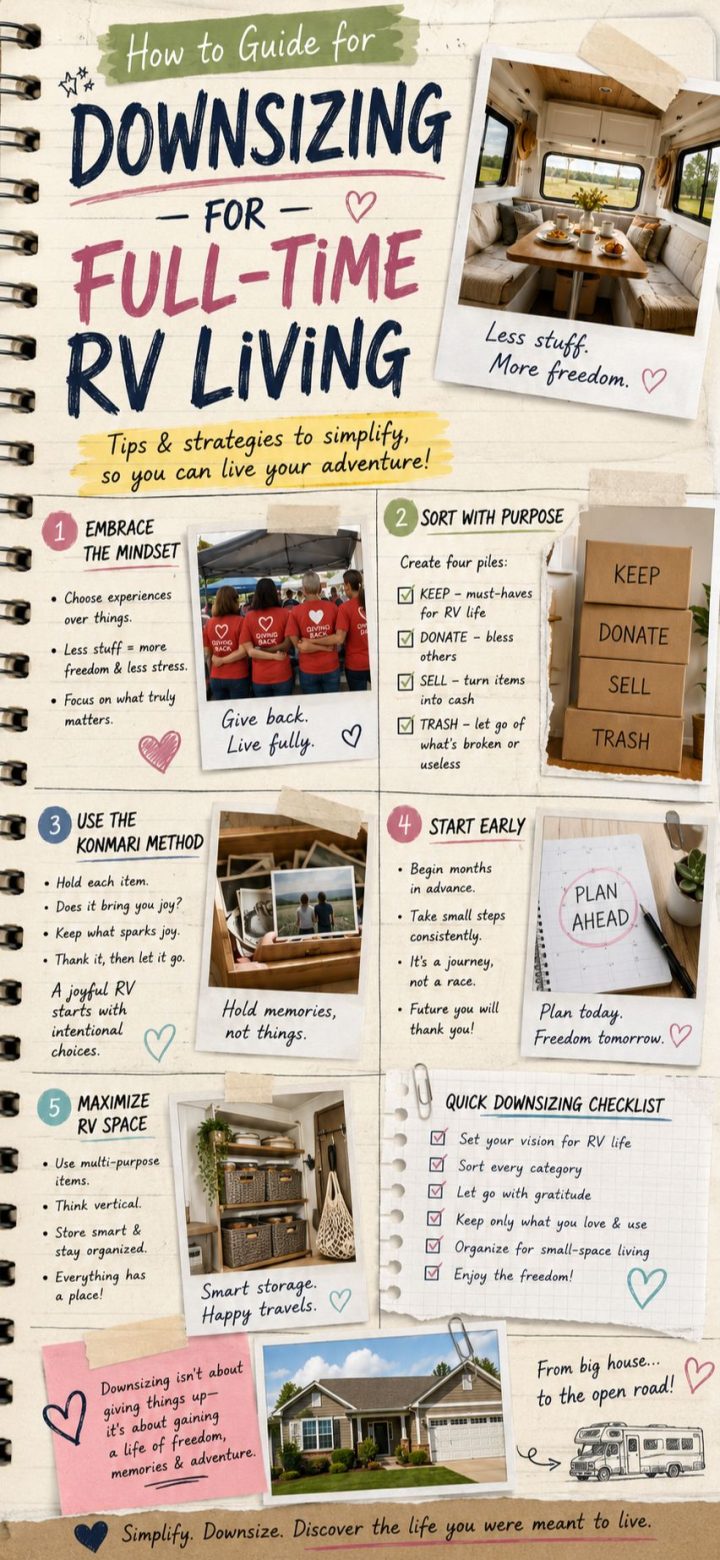 Guide for Downsizing for Full-Time RV Living with practical tips on mindset, sorting, the KonMari method, maximizing space, and a comprehensive downsizing checklist; includes photos of RVs, boxes, bags, and clever organization solutions.