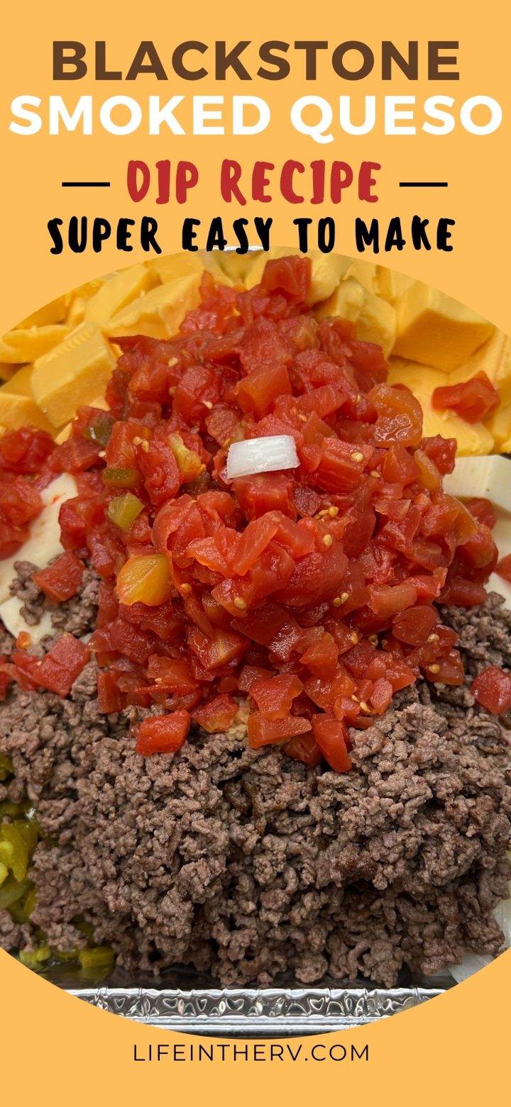 Ingredients for the delicious Smoked Queso Dip, featuring diced tomatoes, onions, cheese, ground beef, and peppers perfectly arranged on a surface. Text overlays the image.