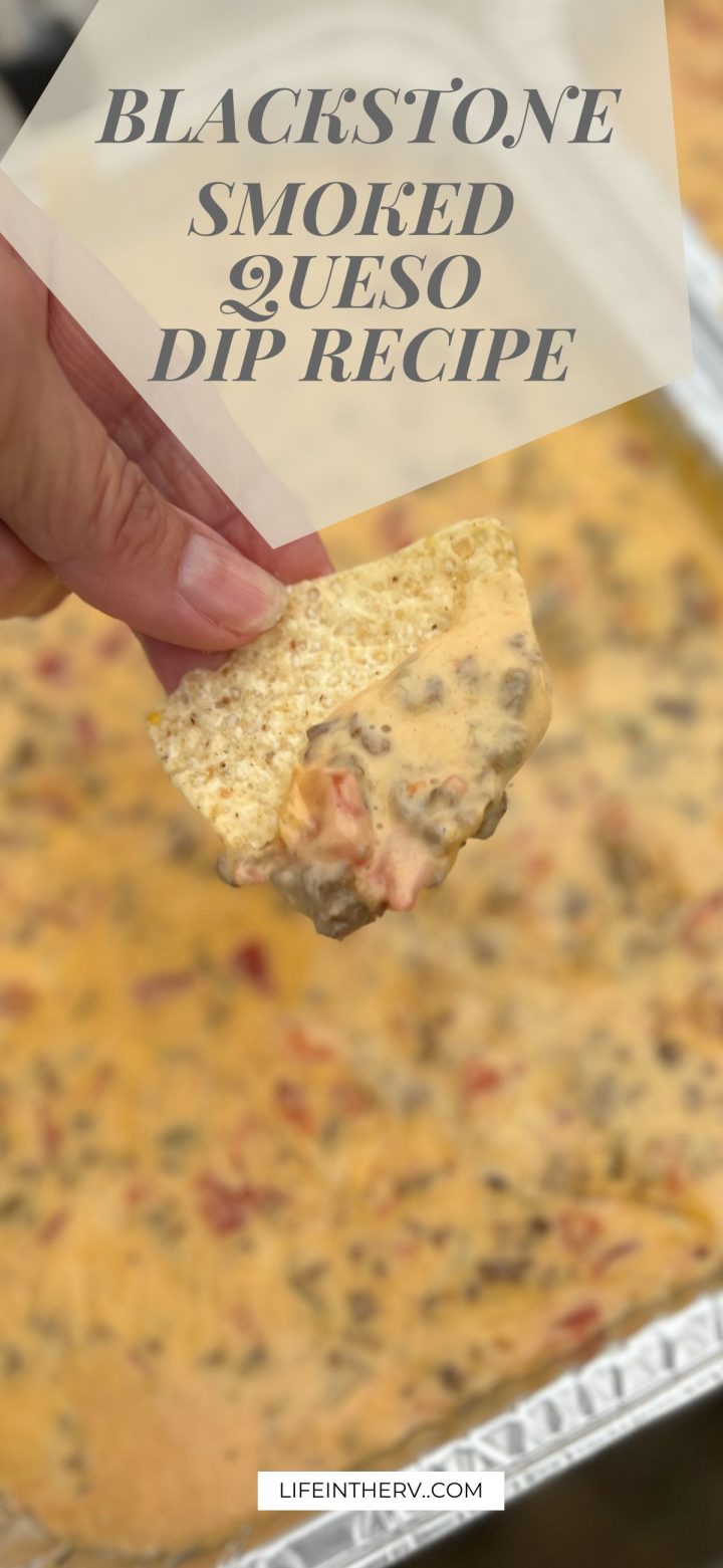 A hand holding a chip dipped in savory, smoked queso sauce hovers above a tray labeled "Blackstone Smoked Queso Dip Recipe.
