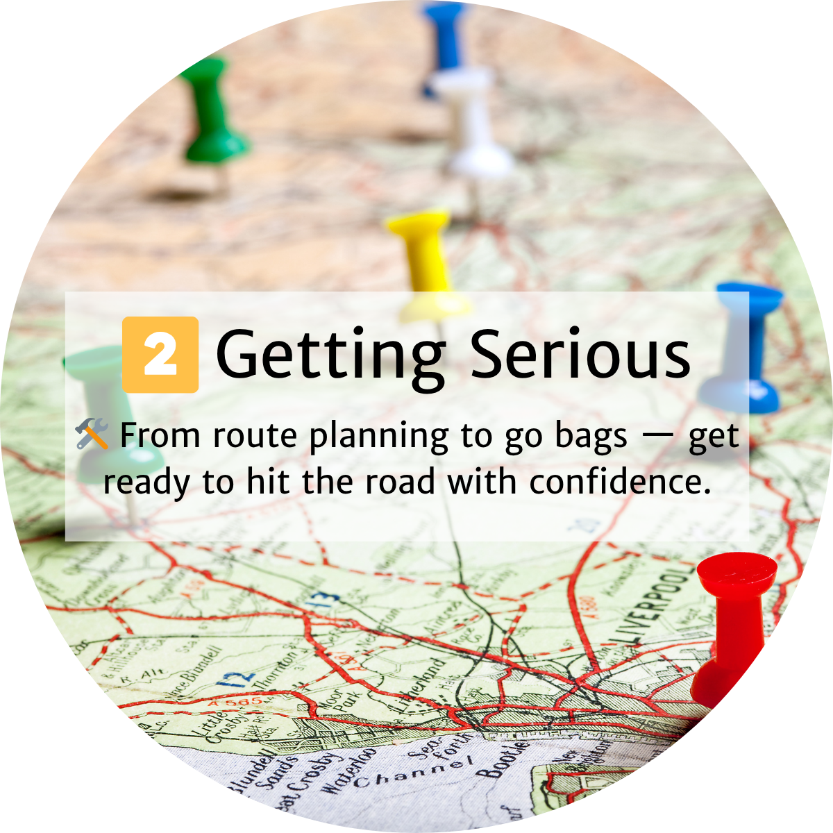 A map with colorful push pins and a text overlay that reads "2 Getting Serious" offers planning advice for a road trip, now featured on the NEW HOME PAGE.