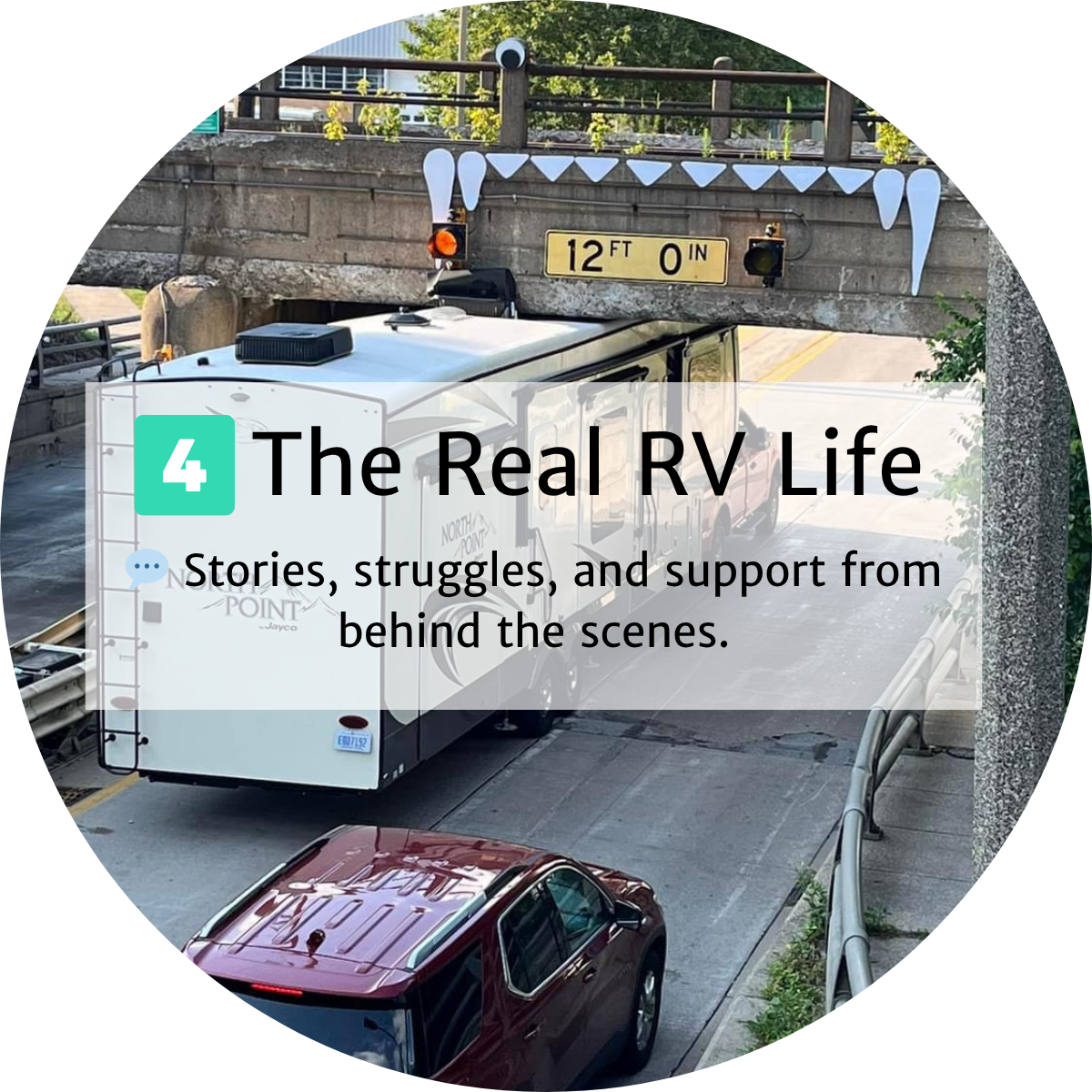 A large RV stuck under a low bridge with a 12-foot clearance sign, blocking traffic as a red SUV waits behind it. Text overlay reads: "The Real RV Life." Check out the NEW HOME PAGE for more epic road trip moments.