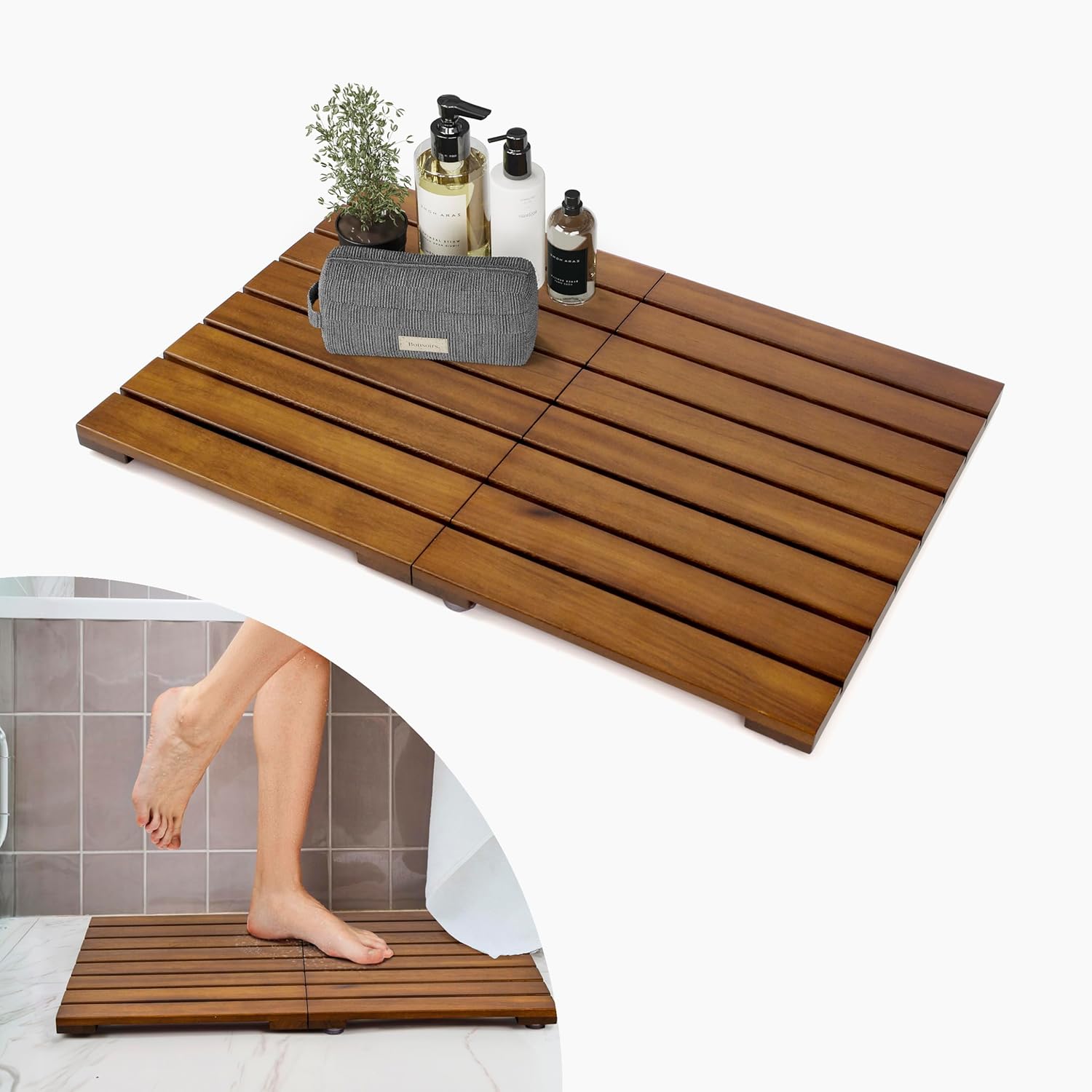 A wooden bath mat with evenly spaced slats, shown with toiletries on top; inset image displays a person stepping onto the mat in a bathroom setting—one of our Favorite Products for elevating your daily routine.