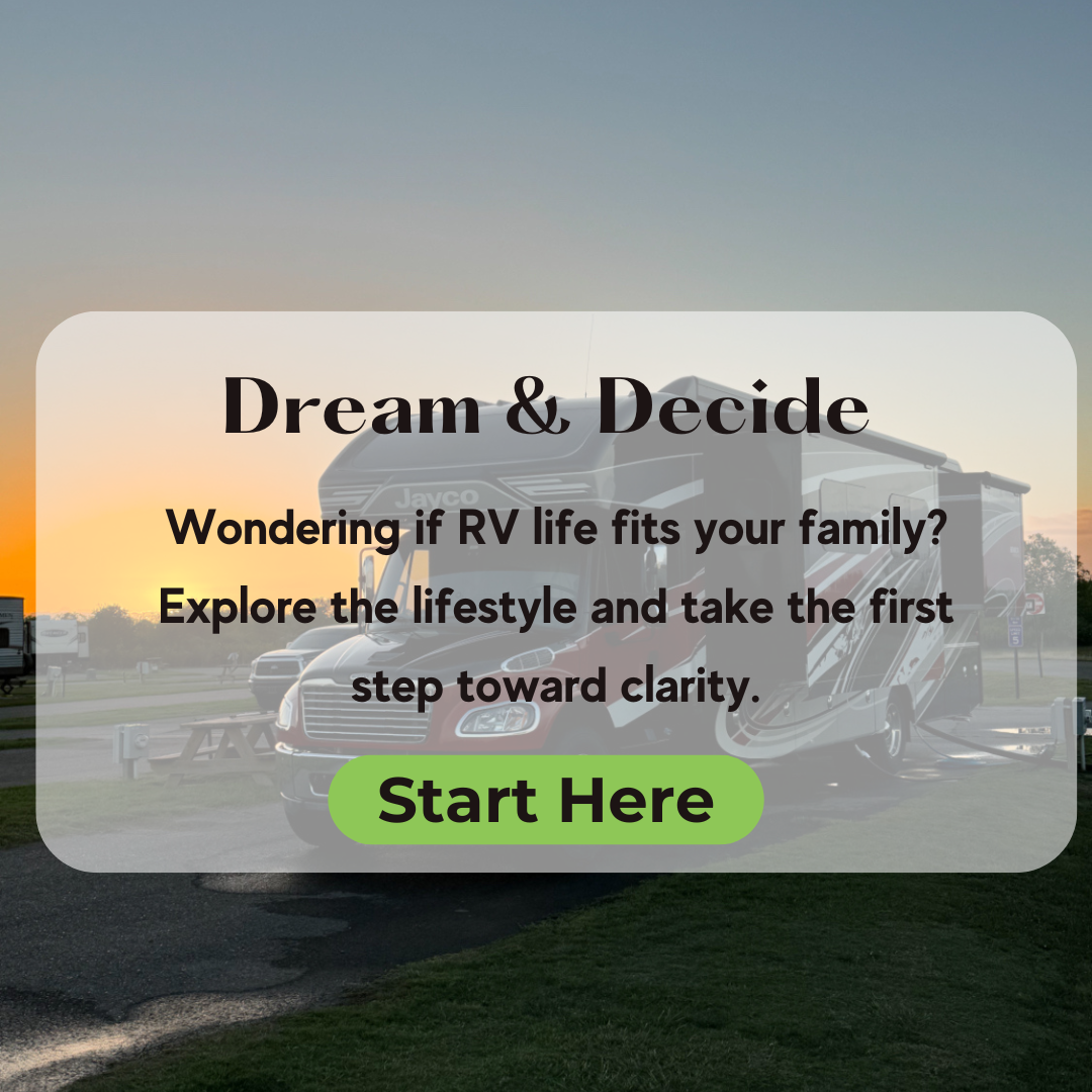 An RV parked on grass at sunset with text overlay inviting families to discover full-time RV living and a "Start Here" button.